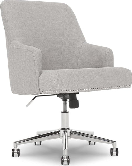Serta Leighton Modern Office Chair, Stylish Mid-Back Desk Chair, Rivet Detail, Serta Quality Memory Foam, Armchair with Wheels, Vanity Chair, Swivel Chrome Metal Base, Twill Fabric, Light Gray - LeafyLoom