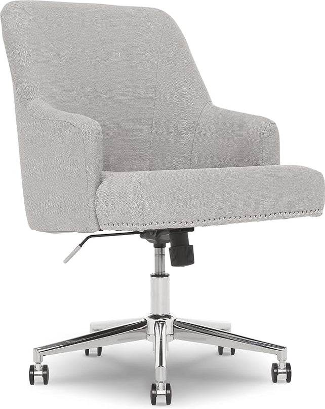 Serta Leighton Modern Office Chair, Stylish Mid-Back Desk Chair, Rivet Detail, Serta Quality Memory Foam, Armchair with Wheels, Vanity Chair, Swivel Chrome Metal Base, Twill Fabric, Light Gray - LeafyLoom