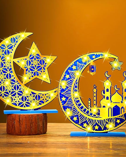 2 Pcs Ramadan Eid Mubarak Crafts Night Light 3D Wooden Moon Star Lights Ramadan Decorations LED Eid Mubarak Lamp Decor Ramadan Table Sign for Tabletop Home Party Supplies(Blue and Gold) - LeafyLoom