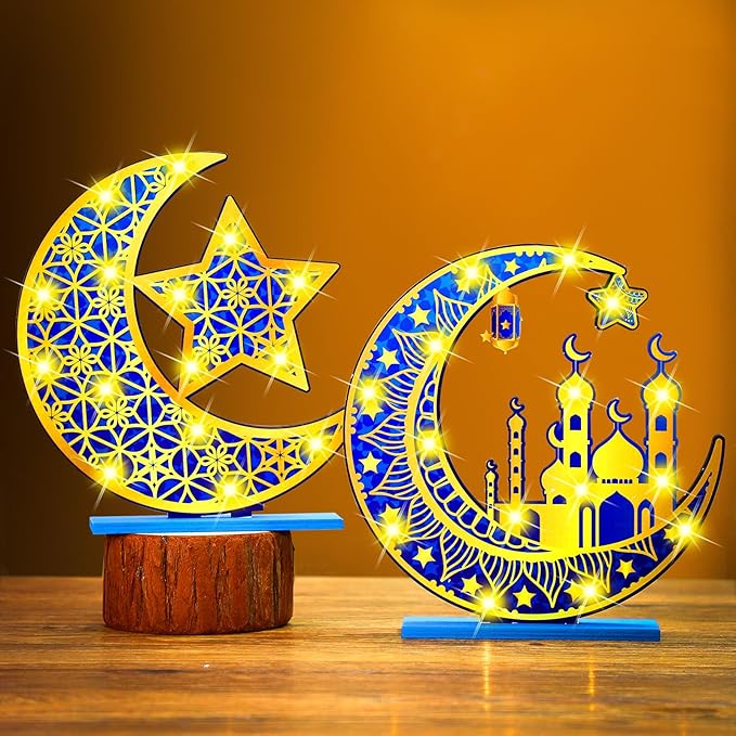 2 Pcs Ramadan Eid Mubarak Crafts Night Light 3D Wooden Moon Star Lights Ramadan Decorations LED Eid Mubarak Lamp Decor Ramadan Table Sign for Tabletop Home Party Supplies(Blue and Gold) - LeafyLoom