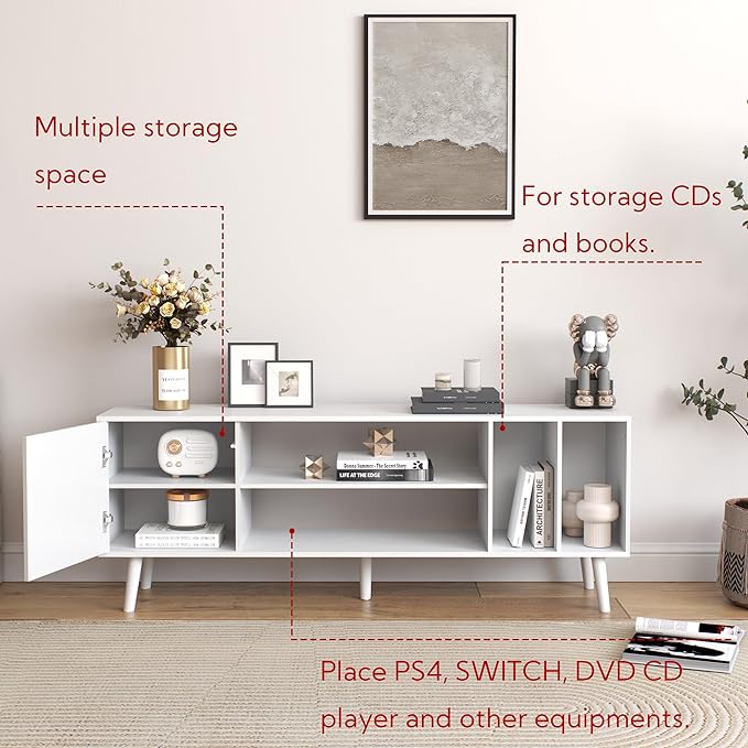 Yusong TV Stand for 55/65 inch TV, Mid Century Modern TV Console Table, Media Entertainment Center with Storage for Living Room Bedroom, Wood TV Cabinet, Oak White - LeafyLoom