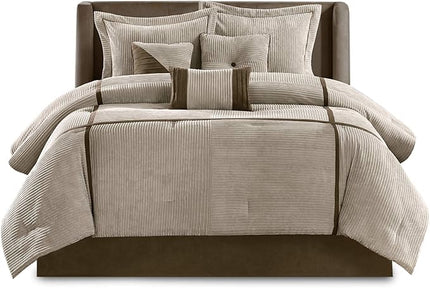 Madison Park Cozy Comforter Set Casual Blocks Design All Season, Matching Bed Skirt, Decorative Pillows, Queen(90"x90"), Dallas Corduroy, Taupe Brown, 7 Piece - LeafyLoom