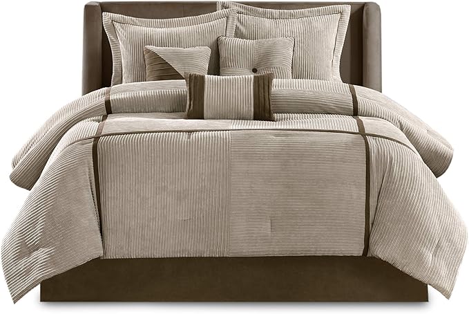 Madison Park Cozy Comforter Set Casual Blocks Design All Season, Matching Bed Skirt, Decorative Pillows, Queen(90"x90"), Dallas Corduroy, Taupe Brown, 7 Piece - LeafyLoom