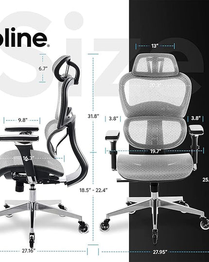 Oline ErgoPro Ergonomic Office Chair - Rolling Desk Chair with 4D Adjustable Armrest, 3D Lumbar Support and Blade Wheels - Mesh Computer Chair, Gaming Chairs, Executive Swivel Chair (Light Gray) - LeafyLoom