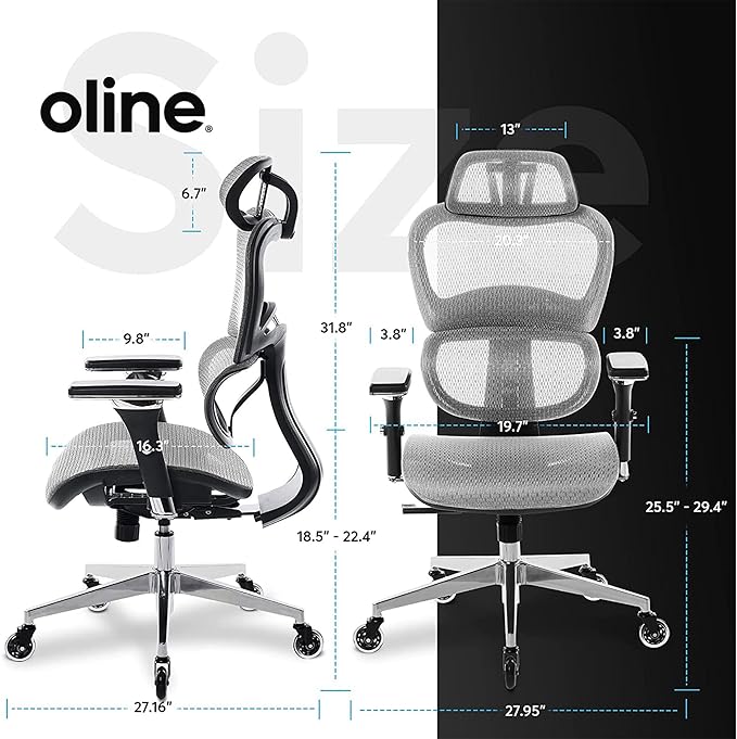 Oline ErgoPro Ergonomic Office Chair - Rolling Desk Chair with 4D Adjustable Armrest, 3D Lumbar Support and Blade Wheels - Mesh Computer Chair, Gaming Chairs, Executive Swivel Chair (Light Gray) - LeafyLoom