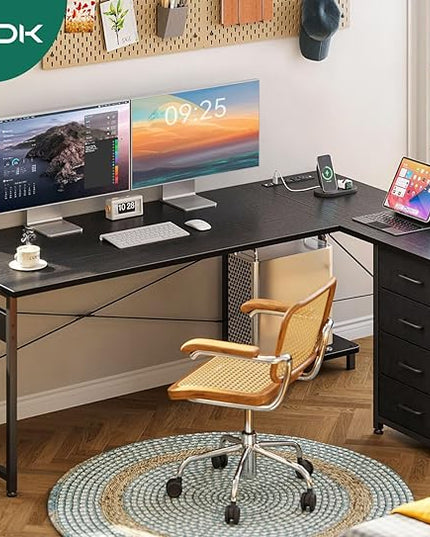 AODK L Shaped Desk with 4 Tier Drawers, 61" Reversible Gaming Desk with Power Outlets, L Shaped Computer Desk with USB Charging Port and Host Stand, Home Office Corner Desk, Easy to Assemble, Black - LeafyLoom