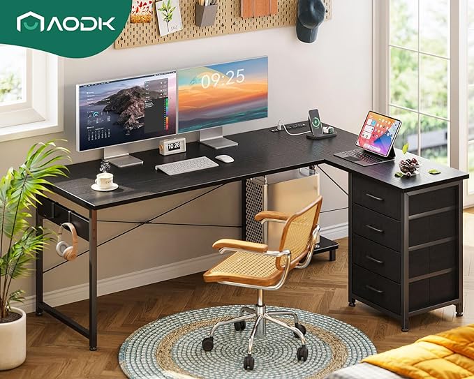 AODK L Shaped Desk with 4 Tier Drawers, 61" Reversible Gaming Desk with Power Outlets, L Shaped Computer Desk with USB Charging Port and Host Stand, Home Office Corner Desk, Easy to Assemble, Black - LeafyLoom