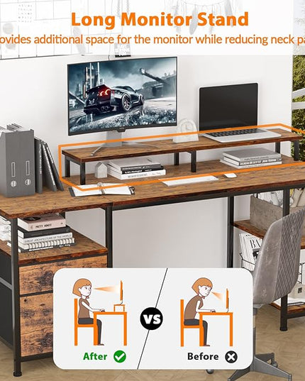 Furologee Computer Desk with Shelves and Drawer, 61" Long Desk with Fabric File Drawer, Industrial Writing Desk with Large Monitor Stand, Study Table Workstation for Home Office, Rustic Brown - LeafyLoom