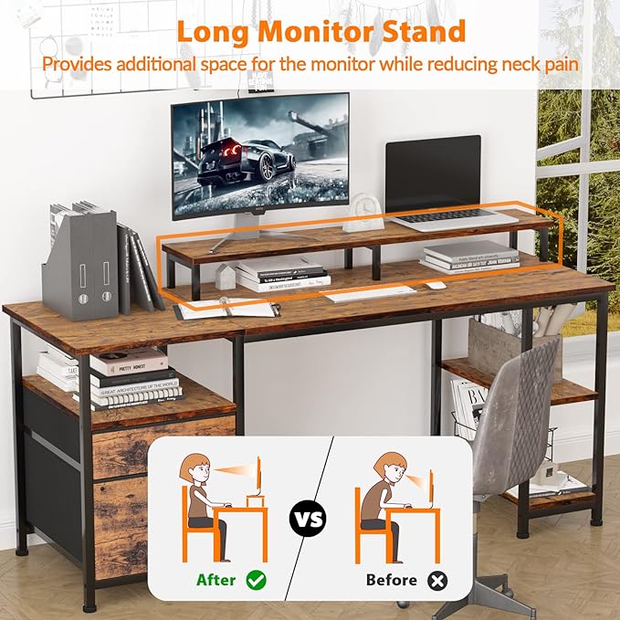 Furologee Computer Desk with Shelves and Drawer, 61" Long Desk with Fabric File Drawer, Industrial Writing Desk with Large Monitor Stand, Study Table Workstation for Home Office, Rustic Brown - LeafyLoom