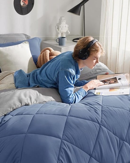 Bedsure Infinity Blue Twin Comforter Set - 5 Pieces Reversible Twin Bed in a Bag, Extra Long Twin Bed Set Infinity Blue and Grey with Comforters, Sheets, Pillowcase & Sham - LeafyLoom