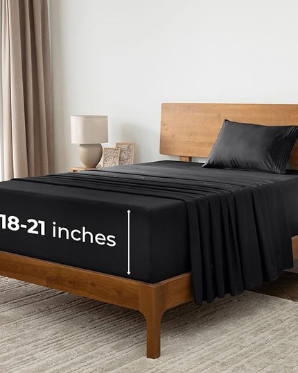 Mellanni Extra Deep Twin XL Sheets - 3 PC Iconic Collection Bedding Sheets & Pillowcases - Hotel Luxury, Ultra Soft, Cooling Bed Sheets - Extra Deep Pocket up to 21 inch (Twin Extra Long, Black) - LeafyLoom
