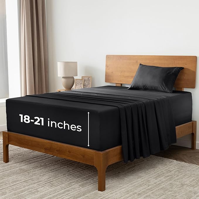 Mellanni Extra Deep Twin XL Sheets - 3 PC Iconic Collection Bedding Sheets & Pillowcases - Hotel Luxury, Ultra Soft, Cooling Bed Sheets - Extra Deep Pocket up to 21 inch (Twin Extra Long, Black) - LeafyLoom