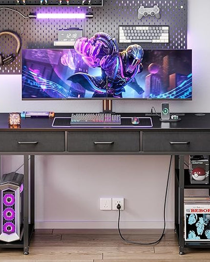 AODK 55 Inch Gaming Desk with Fabric Drawers & Power Outlets, Computer Desk with Storage Shelves & CPU Stand, Gamer Table, Study Desk with Type-C & USB, Writing Desk for Bedroom, Black - LeafyLoom