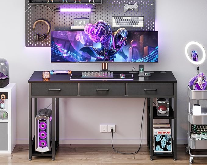 AODK 55 Inch Gaming Desk with Fabric Drawers & Power Outlets, Computer Desk with Storage Shelves & CPU Stand, Gamer Table, Study Desk with Type-C & USB, Writing Desk for Bedroom, Black - LeafyLoom