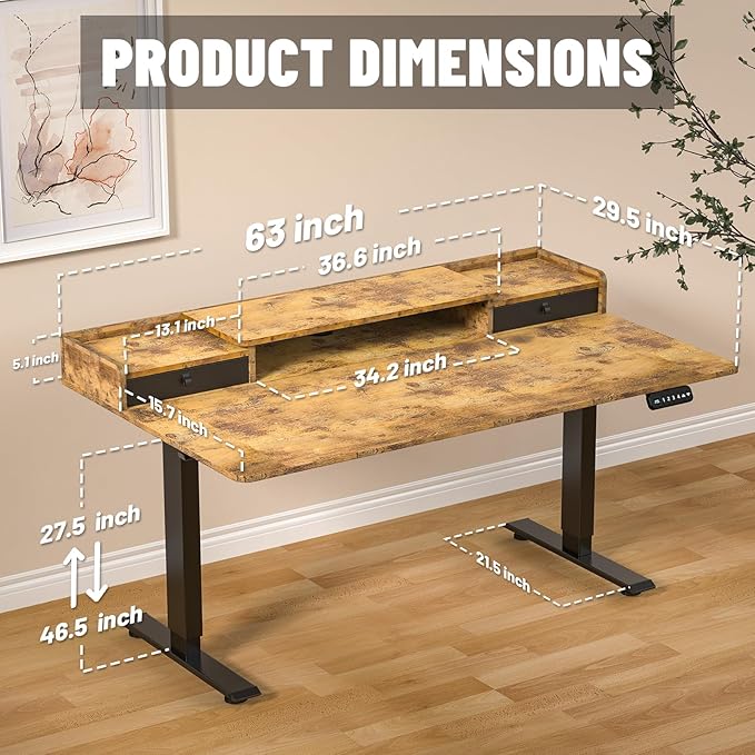 63×30 Inch Electric Standing Desk with 2 Drawers, Adjustable Height Widened Stand Up Desk with Storage Shelf, Sit to Stand Ergonomic Workstation for Home Office - LeafyLoom