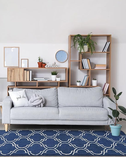 Chicrug Shag Geometric Modern Runner Rug for Bedroom, 2x6 Feet Memory Foam Indoor Hallway Runner Carpet, Fluffy Rug for Living Room Bedside Room Decor for Family, Navy/White - LeafyLoom