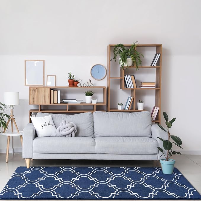 Chicrug Shag Geometric Modern Runner Rug for Bedroom, 2x6 Feet Memory Foam Indoor Hallway Runner Carpet, Fluffy Rug for Living Room Bedside Room Decor for Family, Navy/White - LeafyLoom