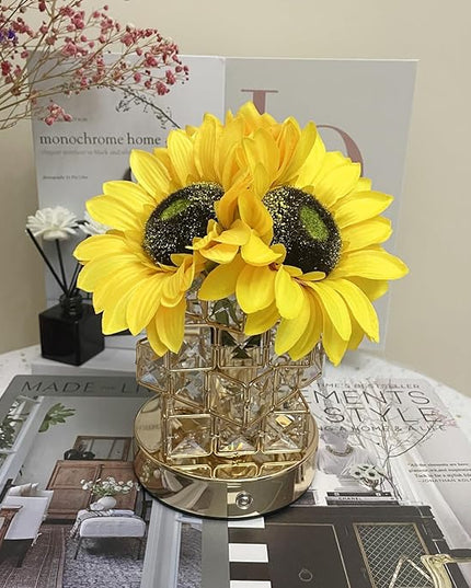 Sunflowers Lamp Touch Lam Artificial LED Sunflower Flowers with Glass Vase Table Lamp Night Light for Home Office Decor House Decorations Gift Idea - Rechargeable (Crystal Magic Cube Sunflower) - LeafyLoom