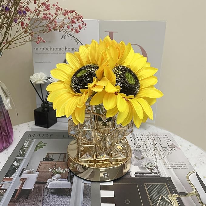 Sunflowers Lamp Touch Lam Artificial LED Sunflower Flowers with Glass Vase Table Lamp Night Light for Home Office Decor House Decorations Gift Idea - Rechargeable (Crystal Magic Cube Sunflower) - LeafyLoom