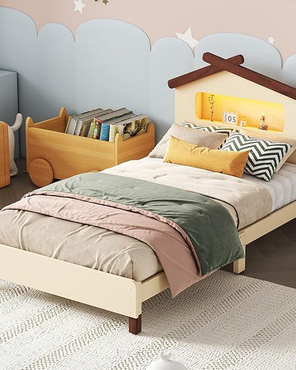 Bellemave Twin Size Cream Wood Kids Bed Frame, House-Shaped Headboard with Motion Activated Night Lights, Sturdy Construction, Easy Assembly, 200 lbs Capacity - LeafyLoom