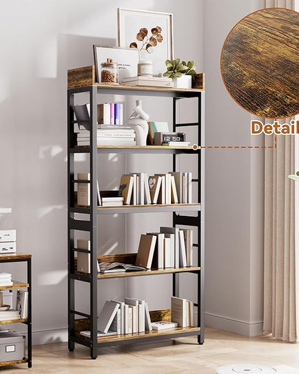 Aquzee Bookshelf, 66" H 5-Tiers Heavy Duty Industrial Shelving Wood & Metal Bookcase, Rustic and Black Tall Shelf Units for Home, Office, Living Room - LeafyLoom