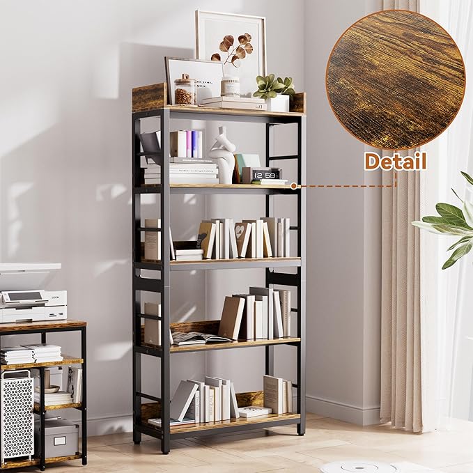 Aquzee Bookshelf, 66" H 5-Tiers Heavy Duty Industrial Shelving Wood & Metal Bookcase, Rustic and Black Tall Shelf Units for Home, Office, Living Room - LeafyLoom