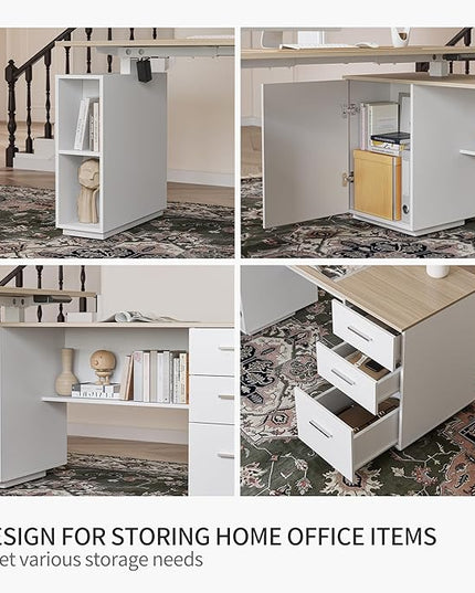 FEZIBO 63" L Shaped Executive Standing Desk with 3-Drawer File Cabinet, Electric Height Adjustable Stand up Desk for Home Office, Computer Desk with Storage Cabinets, White Frame Light Walnut Top - LeafyLoom