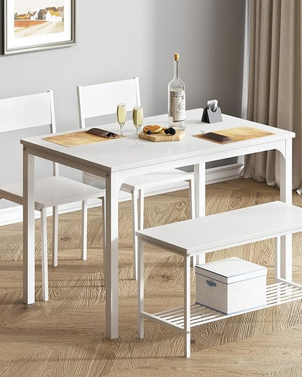 soges 4 Person Dining Table Set,43.3 inch Kitchen Table Set for 4,2 Chairs with Backrest,2-Person Bench with Storage, White Rack,Nesting Furniture Set for Dining Room and Restaurant, White - LeafyLoom