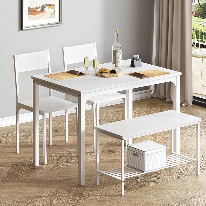 soges 4 Person Dining Table Set,43.3 inch Kitchen Table Set for 4,2 Chairs with Backrest,2-Person Bench with Storage, White Rack,Nesting Furniture Set for Dining Room and Restaurant, White - LeafyLoom