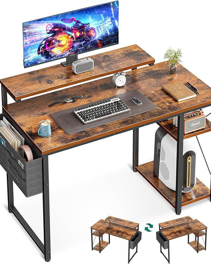 AODK 40 Inch Computer Desk with Adjustable Monitor Stand, Work Writing Desk with Shelves, PC Desk Workstation, Vintage Home Office Desk - LeafyLoom
