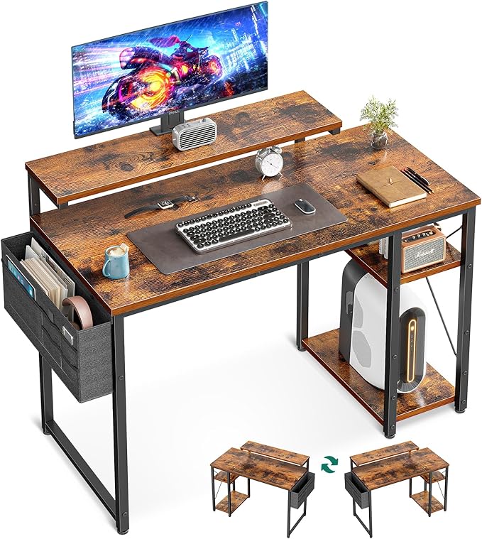 AODK 40 Inch Computer Desk with Adjustable Monitor Stand, Work Writing Desk with Shelves, PC Desk Workstation, Vintage Home Office Desk - LeafyLoom