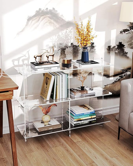 Acrylic Bookshelf, Small 3 tier Bookcase for Small Spaces,Acrylic Console Table, Hallway Entry Table for Living Room (Clear, 39.4'' x 11.8'' x 31.5'') - LeafyLoom