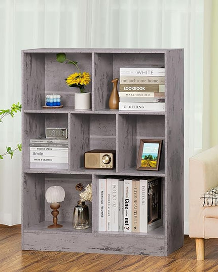 LEYAOYAO 7 Cube Bookshelf with Base,3 Tier Mid-Century Modern Grey Bookcase,Standing Wide Bookshelves Storage Organizer Shelf,Rustic Wood Display Cabinet Book Shelves for Bedroom,Living Room,Office - LeafyLoom