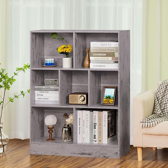 LEYAOYAO 7 Cube Bookshelf with Base,3 Tier Mid-Century Modern Grey Bookcase,Standing Wide Bookshelves Storage Organizer Shelf,Rustic Wood Display Cabinet Book Shelves for Bedroom,Living Room,Office - LeafyLoom