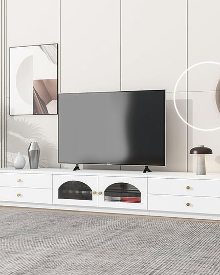 Luxurious Long Fluted Doors, Tempered Glass Shelf Entertainment Center Media Console Table Stand for TVs Up to 95'', with Multiple Storage for Living Room, Bedroom, White - LeafyLoom