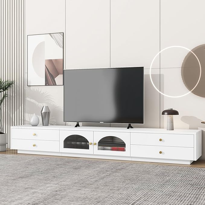 Luxurious Long Fluted Doors, Tempered Glass Shelf Entertainment Center Media Console Table Stand for TVs Up to 95'', with Multiple Storage for Living Room, Bedroom, White - LeafyLoom