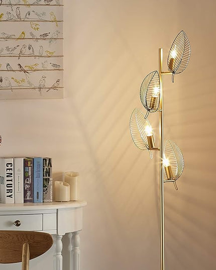 WOXXX Industrial Gold Floor Lamp with 4 Brush Black Finish Leaf Shade, Modern Tree Floor Lamps for Living Room Bedrooms Reading Standing Lamp Living Room Lamps Farmhouse Tall Lamp (4 Bulbs Included) - LeafyLoom