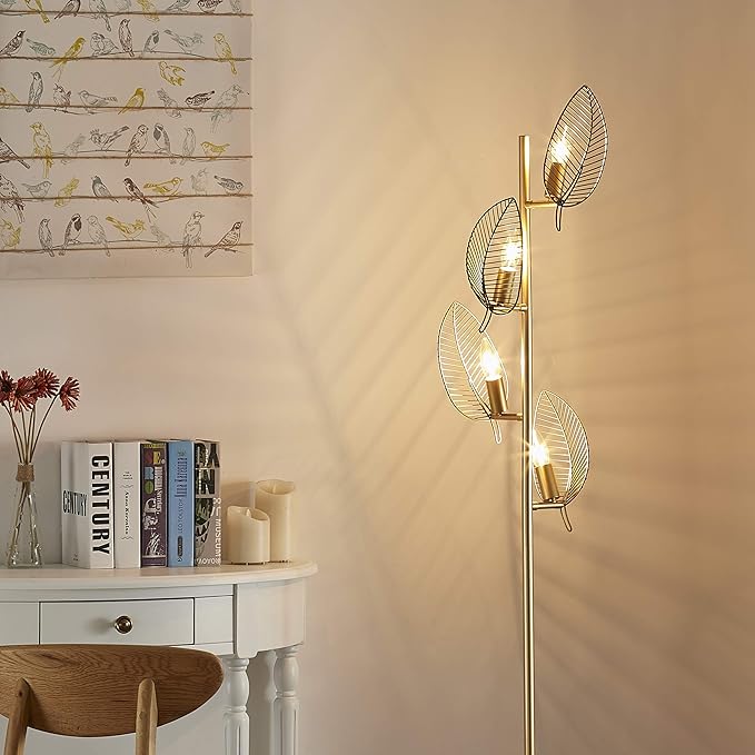 WOXXX Industrial Gold Floor Lamp with 4 Brush Black Finish Leaf Shade, Modern Tree Floor Lamps for Living Room Bedrooms Reading Standing Lamp Living Room Lamps Farmhouse Tall Lamp (4 Bulbs Included) - LeafyLoom
