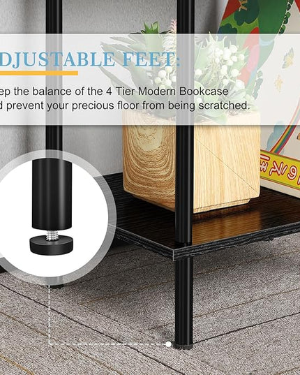 ETELI Small Bookshelf Unique S Shaped 4 Shelf Bookcase Free Standing Industrial Book Storage Shelves for Living Room, Bedroom, and Home Office, Rustic Book Organizer & Metal Frame - LeafyLoom