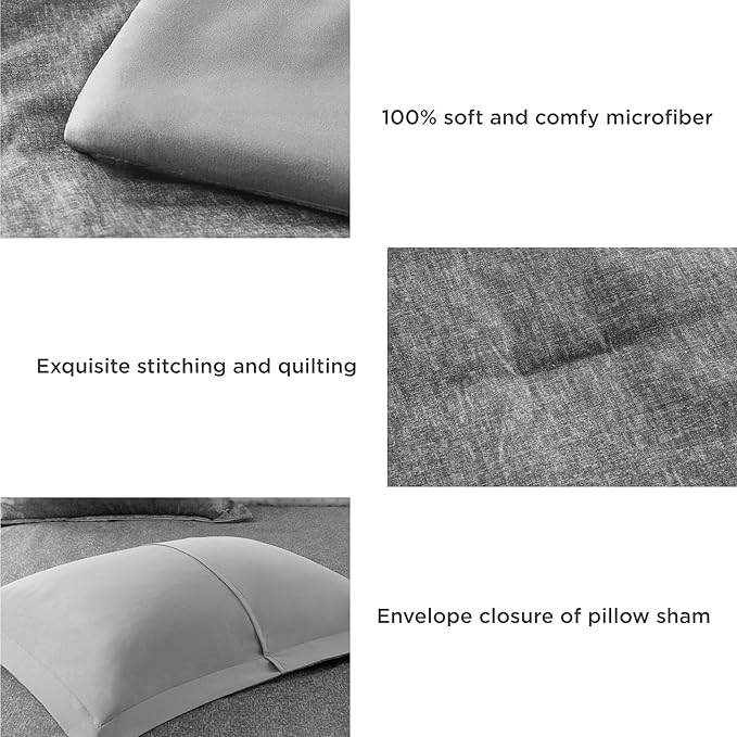 Modern Lightweight Grey Comforter Set King Size Bed, All-Season Luxury Chambray Bedding, Soft and Breathable, Including 1 Comforter and 2 Pillow Shams - LeafyLoom