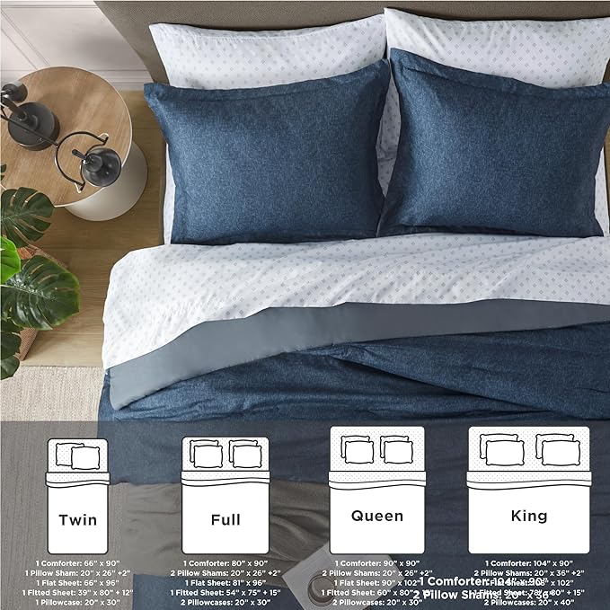 Chambray King Comforter Set - Blue Denim King Size Bedding Sets, 7 Pieces Soft Bedding for All Seasons with Comforter, Sheets, Pillowcases & Shams - LeafyLoom