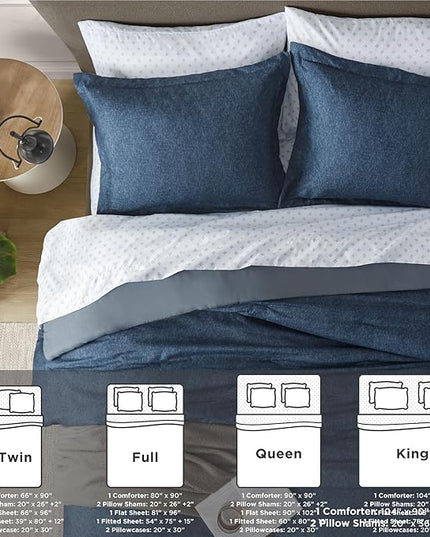 Chambray Queen Comforter Set - Blue Denim Queen Size Bedding Sets, 7 Pieces Soft Bedding for All Seasons with Comforter, Sheets, Pillowcases & Shams - LeafyLoom