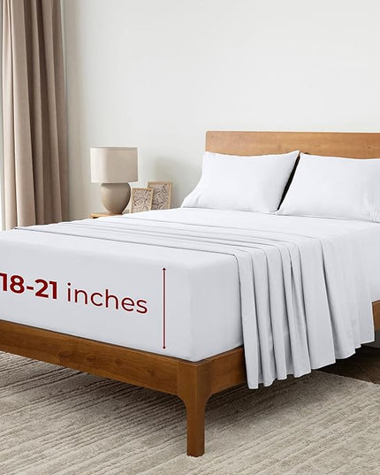 Mellanni Extra Deep Split King Sheets - 5 PC Iconic Collection Bedding Sheets & Pillowcases - Hotel Luxury, Ultra Soft, Cooling Bed Sheets - Extra Deep Pocket up to 21 inch (Split King, White) - LeafyLoom