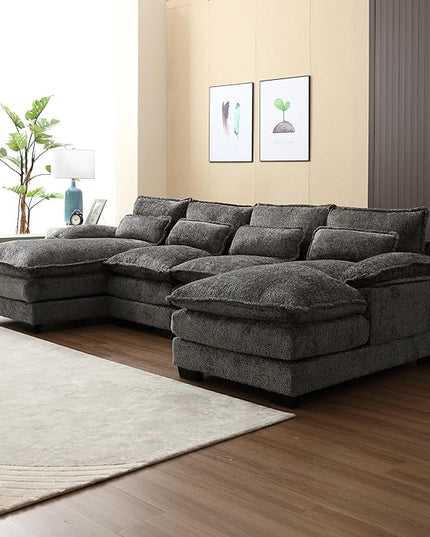 Oversized Modular Sectional Sofa Cloud Couch, U Shaped Chenille Upholstered Overstuffed Corner Couch with Double Chiase Lounge and Solid Wood Legs, 6 Seater Soft Sleeper Sofa&Couches for Home - LeafyLoom
