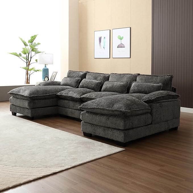 Oversized Modular Sectional Sofa Cloud Couch, U Shaped Chenille Upholstered Overstuffed Corner Couch with Double Chiase Lounge and Solid Wood Legs, 6 Seater Soft Sleeper Sofa&Couches for Home - LeafyLoom