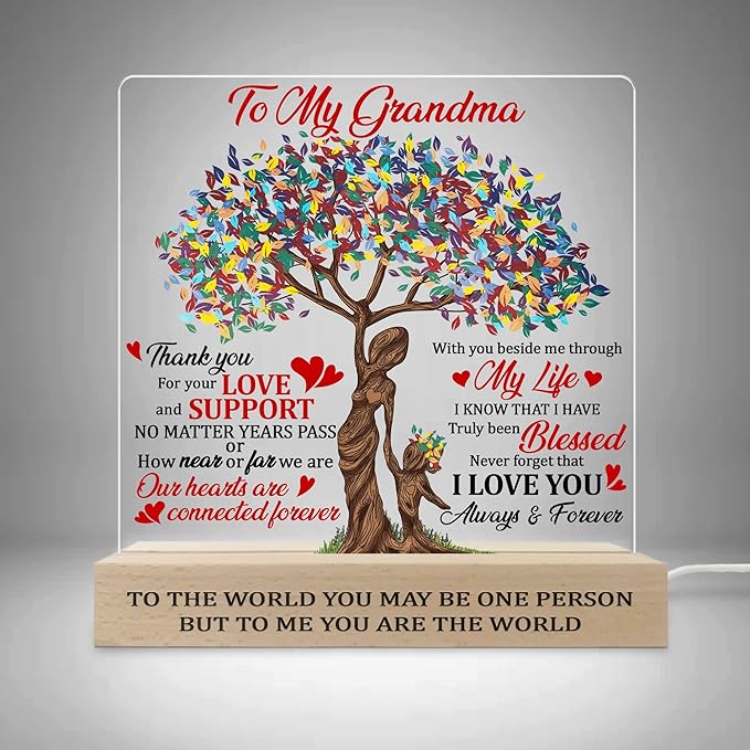 Grandma 3D Illusion Lamp Wooden Base USB Powered Acrylic Night Light, Grandma Gift from Grandson Granddaughter, to my Grandma 3D Lamp, Gifts for Grandma Grandmother Mom on Mothers Day - LeafyLoom