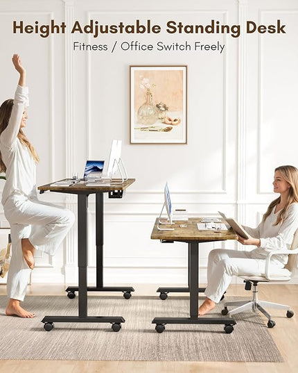 Electric Standing Desk 60 Inch, Ergonomic Height Adjustable Table with T-Shaped Metal Bracket Modern Computer Workstations for Home Office, Rustic Brown, 60 x 24 Inch - LeafyLoom