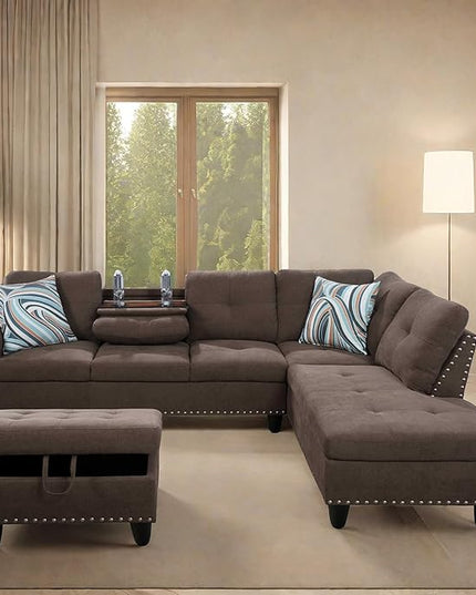L Shaped Sofa with Ottoman Modern Sectional Living Room, Bedroom, Office, L Couch Brown-Linen - LeafyLoom