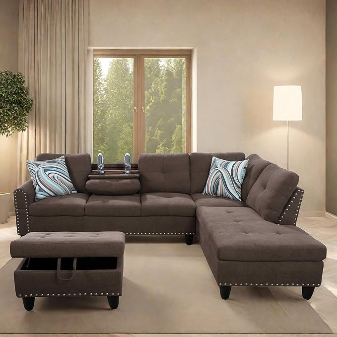 L Shaped Sofa with Ottoman Modern Sectional Living Room, Bedroom, Office, L Couch Brown-Linen - LeafyLoom