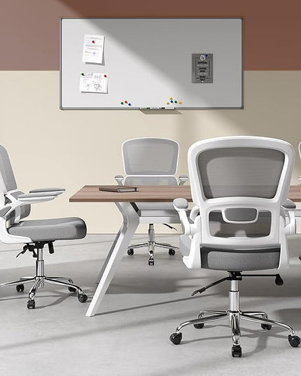Ergonomic Office Chair, Comfortable Office Chair with Flip-up Arms, Adaptive Lumbar Support, Mesh Computer Chair with Thick Cushion, White Desk Chair with 90°-130° Tilt Function - LeafyLoom